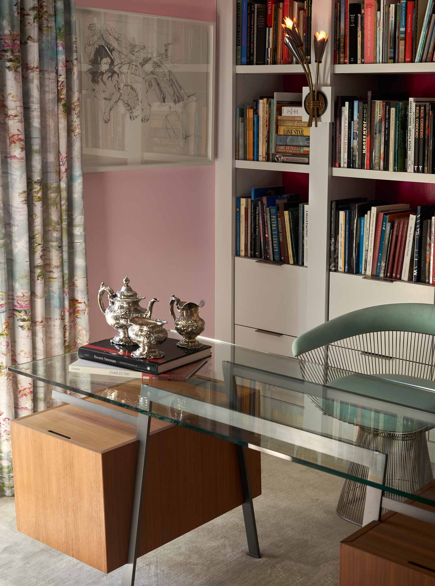 keller henderson interior design desk office pink walls bookshelf